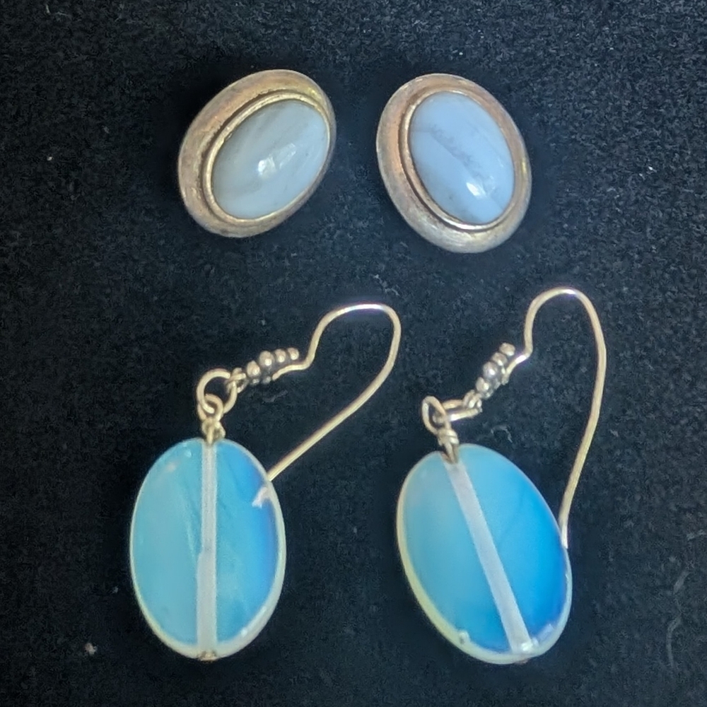 Two Pairs Sterling Silver Earrings Opalite And Blue Lace Agate (damaged)